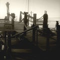 Pierhead in fog, Suffolk