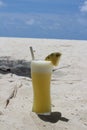 A day in the Maldives, a glass of freshly squeezed pineapple juice with white foam, an inserted straw and a piece of pineapple on Royalty Free Stock Photo