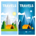 Day and night in a camping in the mountains or forest with a tent and a fire. Royalty Free Stock Photo