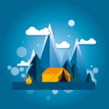 Day and night in a camping in the mountains or forest with a tent and a fire. Royalty Free Stock Photo