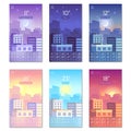 Day and night. Cartoon daytime phone wallpaper with city buildings, sun, moon and stars sky. Smartphone screen weather vector Royalty Free Stock Photo