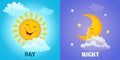 Day and night. Illustration of a smiling sun with clouds and a sleeping month with stars for kids.Vector