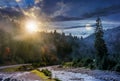 Day and night change over foggy forest and river