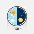 Day and night in clock pattern. Day night concept with sun and moon on blue and dark sky.