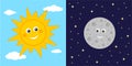 Day and night concept. Cute sun and moon characters. Sun on blue cloudy sky and moon on dark starry space background Royalty Free Stock Photo