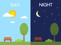 Day and night concept. Sun and moon. Tree and bench in good weather. Sky with clouds in flat style. Different periods
