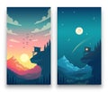 Day and night flat vector mountain landscape with moon, sun and clouds in sky. Vector concept for weather app Royalty Free Stock Photo
