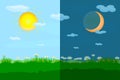 Day and night landscape with meadow. Sun and moon as vernal or autumnal, spring equinox day concept. Royalty Free Stock Photo