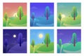 Day and night landscape. Morning sunrise. Evening and afternoon scenery. Sky at sunset time. Different panorama icons