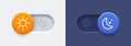 Day and night mode switch button. Dark mode and light mode toggle switch buttons. Material design slider switch buttons set.