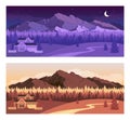 Day and night mountains flat color vector illustration set