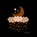 Day & night poster with moon, clouds and stars on black background. Royalty Free Stock Photo