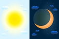 Day and night sky. Sun and moon as vernal or autumnal equinox day concept. Royalty Free Stock Photo