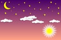 Day and night sky. White clouds, sun, moon and stars on a blue background. Paper cut style Royalty Free Stock Photo