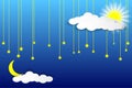 Day and night sky. White clouds, sun, moon and stars on a blue background. Paper cut style Royalty Free Stock Photo