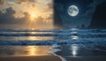 Day and night split image of ocean waves crashing on a beach under sun and moon light Royalty Free Stock Photo