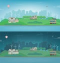 Day and Night suburban landscape. Cityscape template with suburban houses. Building architecture, cityscape town. Vector