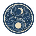 Day and night, sun and moon in clouds, yin and yang symbol, oriental elements