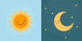 Day and night symbols with cute faces. Dark and bright modes. Vector
