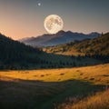 day and night time change concept above mountain landscape in summer. grassy meadows on the hills rolling in