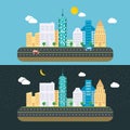 Day and night Urban Landscape City Real Estate Summer Background Flat Design Concept Icon Template Royalty Free Stock Photo