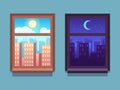 Day and night window. Cartoon skyscrapers at night with moon and stars, at day with sun inside home windows