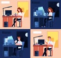 Day night work. Late office working, man woman overtime job. Flat tired employees, remote non stop labor at computer Royalty Free Stock Photo