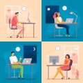 Day or night work. Working late, overtime office works and computer worker nights. Lark and owl workflow flat vector illustration Royalty Free Stock Photo