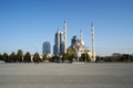 Day panorama a modern city central square with a lovely mosqe and skyscrapers taken in Grozny city Chehenia Russian caucasus