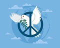 Day peace international, love symbol, tranquility and calm, harmony. White dove with olive branch in its beak, flying in sky. Royalty Free Stock Photo