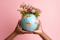 World earth eco global blue pink hand ecology environment concept Royalty Free Stock Photo