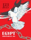 Day revolution in Egypt. July 23rd. National independence day in Africa.White dove over a broken chain. Hand drawn