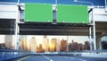 Day Road freeway travel concept route big board 3d render on city landscape Royalty Free Stock Photo