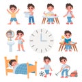 Day routine activity for cartoon school kid boy. Daily schedule with cute boy sleep, eat, play, study and clean. Health