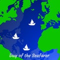 Day of the Seafarer. 25 June. Outlines of the continents and the sea, ships Royalty Free Stock Photo