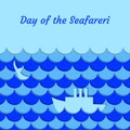 Day of the Seafarer. 25 June. Stylized cartoon sea, waves, ship, whale tail