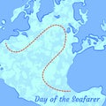 Day of the Seafarer. 25 June. Outlines of the continents and the sea, ships. Imitation contour maritime maps with marked route Royalty Free Stock Photo