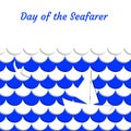 Day of the Seafarer. 25 June. Stylized cartoon sea, waves, ship, whale tail. Blue and white Royalty Free Stock Photo