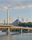 Day shot of Golden Horn Metro Bridge overlapping Suleymaniye Mosque, Istanbul, Turkey Royalty Free Stock Photo