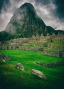 Fog at dawn in Machu Picchu. Peru. No people. Vertical image. Royalty Free Stock Photo