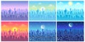 Day time cityscape. Change of time of day, morning town and night city skyline vector illustration set