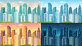 Day time cityscape. City buildings at morning, day, sunset and night town view cartoon vector background illustration