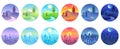 Day time landscape. Dawn, morning city, sunny day, evening sunset, twilight field, night cityscape round vector icon set