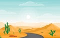 Day in Vast Desert Rock Hill Mountain with Cactus Horizon Landscape Illustration