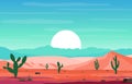 Day In Vast Desert Rock Hill Mountain With Cactus Horizon Landscape Illustration