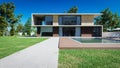 Day View of Modern Designed Double-Story House with Grass Yard and Swimming Pool, 3d rendering