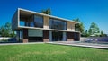 Day View of Modern Designed Double-Story House with Grass Yard and Swimming Pool, 3d rendering Royalty Free Stock Photo