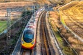 Day view of UK Railroad in England. Railway landscape Royalty Free Stock Photo