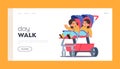 Day Walk Landing Page Template. Baby Girl Twins in Stroller or Buggy. Cute Children Toddler Sit in Double Summer Pram