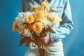 woman blue white flower bouquet romantic yellow sweater mother hand floral. Generative AI. Royalty Free Stock Photo